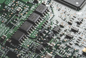 printed circuit Board with chips and radio components electronics