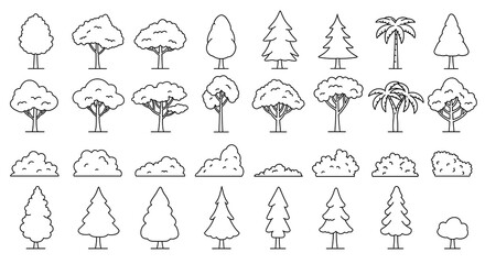 Collection of various tree and bush line art elements in black and white