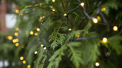 Close-up festive view of evergreen pine branches decorated with glowing golden Christmas fairy lights creating warm holiday bokeh atmosphere