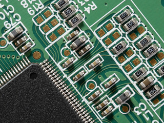 printed circuit Board with chips and radio components electronics