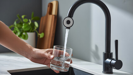 Close-up of fresh water pouring from modern black pull-down kitchen faucet into clear glass tumbler concept of purity hydration and home design