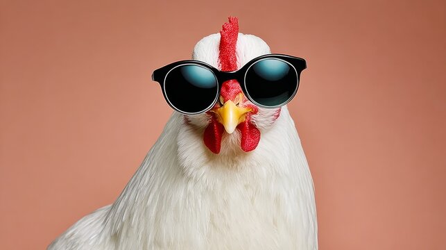 Chicken wearing sunglasses and a hat. The chicken is wearing sunglasses and a hat, giving it a cool and stylish appearance