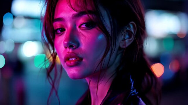 Young beautiful Asian woman looking at the camera with a city nightlife background with neon colors