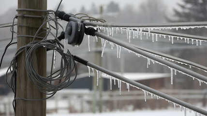 Close-up photograph of frozen power lines and cables covered in icicles during ice storm extreme winter weather electricity infrastructure concept