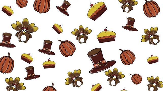 Animated of Thanksgiving pattern with festive elements like pumpkins, pie, pilgrim hats, and turkey penguin hybrids. Great for holiday designs and decorations.