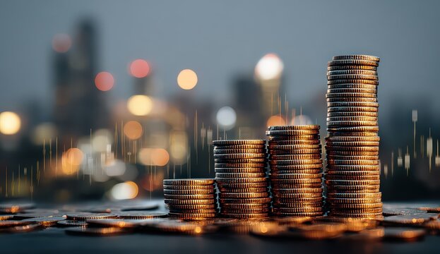 Stacked Coin Columns Representing Financial Growth Against Blurred City Lights and Abstract Digital Data Visualization