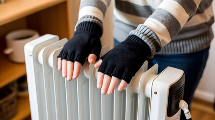 Close-up of hands in black fingerless gloves warming on white electric oil-filled radiator heater winter home comfort and energy concept