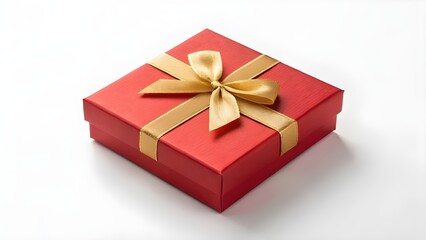 Fototapeta premium A red square gift box tied with a golden ribbon, presented on a white surface.