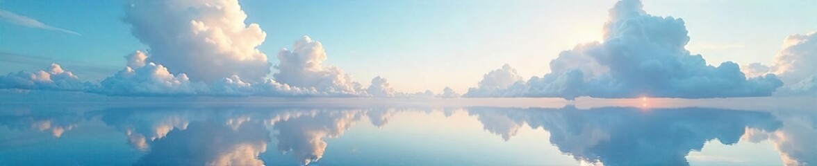 Fototapeta premium Serene Cloudscape Mirroring Tranquil Shoreline Ethereal Soft Light Bathes Peaceful Coastal Scene, Perfect for Meditation and Relaxation Themes