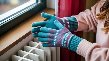 Close-up of hands wearing turquoise knitted winter gloves with Fair Isle pattern design cozy cold weather accessory concept