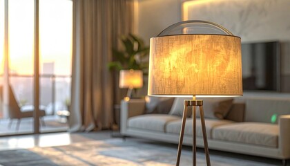 Warm Interior Lighting with Modern Floor Lamp and Balcony View.