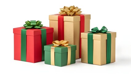 Isolated group of red, green, and gold holiday presents with decorative bows on a clean white background. Versatile Christmas gift box mockup