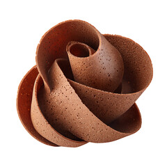 Perfectly spiraled milk chocolate curls. Emphasize the matte, slightly textured surface of the chocolate and the rich, warm brown color.