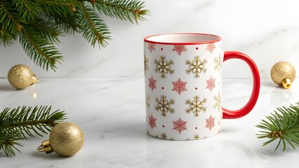 Christmas mug mockup with red handle and snowflake pattern, styled with festive fir branches and golden baubles on a marble surface