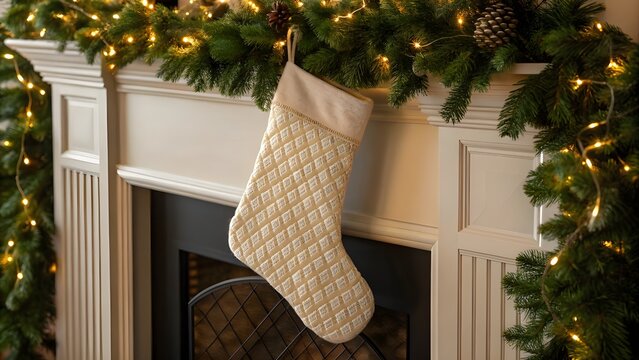 A Christmas stocking hangs on a white mantelpiece decorated with pine garland, pine cones, and string lights. - Powered by Adobe