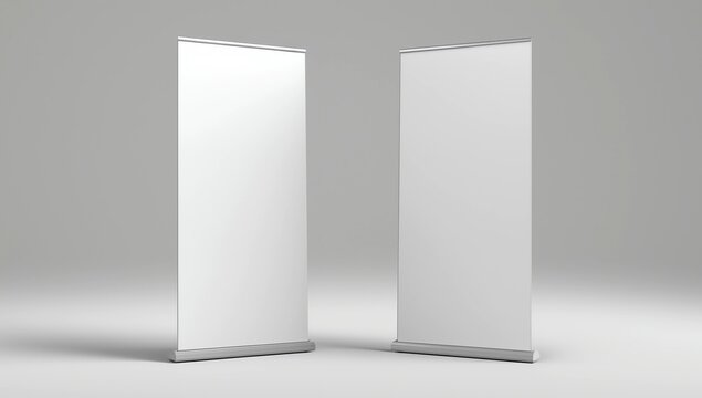 Blank white roll-up banner front and back side view display mockup, isolated, 3d rendering. Clear rollup baner design mock up. Empty roller sign board template stand