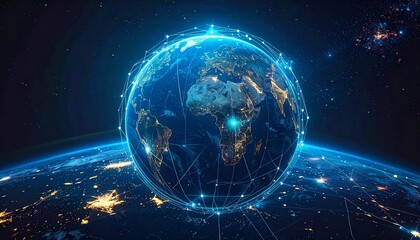 A radiant blue Earth from space, enveloped in a glowing network of digital connections, symbolizing global communication and future technology