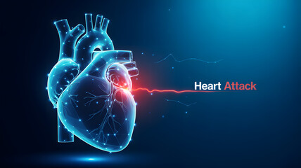 Digital 3D medical illustration showing human heart in futuristic wireframe low-poly design on dark blue gradient background
