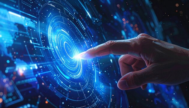 Touching a futuristic digital interface with a hand, representing technology and innovation