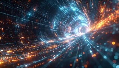 Obraz premium Tunnel of Innovation: A captivating digital depiction of a luminous tunnel, filled with streams of light and intricate, interwoven patterns.