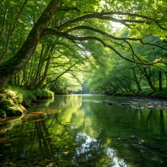 Obraz premium A serene forest river with crystal-clear water reflecting the lush canopy above