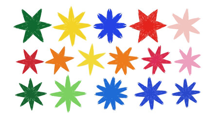 Vibrant collection of hand-drawn doodle stars in various colors. A whimsical set of isolated celestial shapes for creative design