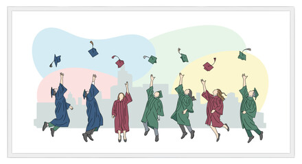 Fototapeta premium A diverse group of happy graduates celebrate their academic achievement by joyfully tossing caps into the air against a city skyline.