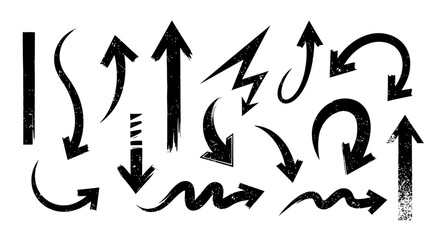 A versatile set of hand-drawn vector arrows. Collection of black grunge doodle pointers and directional symbols isolated on white background