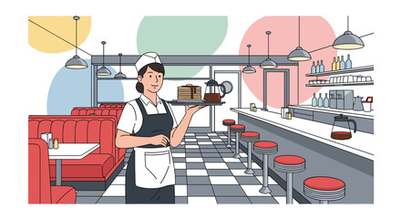 A friendly waitress stands ready to serve delicious cake and fresh coffee in a charming retro American diner.
