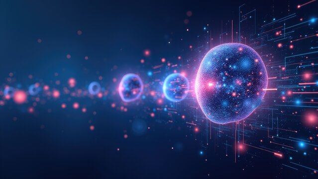 Quantum computing processing data with glowing spheres and network connections