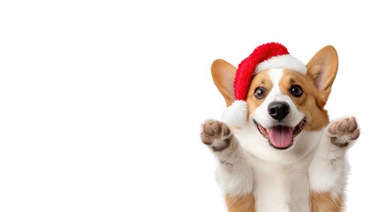 Joyful Corgi Wearing Santa Hat, Standing with Front Paws Raised, Isolated on Transparent Background, Playful Christmas Holiday Concept with Copy Space
