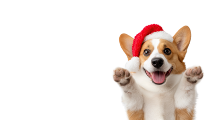 Joyful Corgi Wearing Santa Hat, Standing with Front Paws Raised, Isolated on Transparent Background, Playful Christmas Holiday Concept with Copy Space