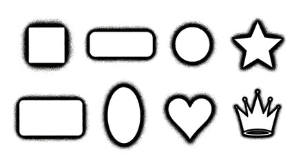 Set of graffiti stencil shapes including star, heart, and crown with a sprayed airbrush effect. Vector urban street art design elements