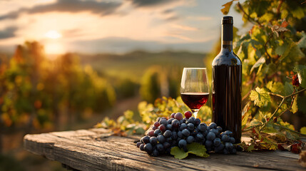 Fototapeta premium Red Wine Bottle, Grapes, and Glass on a Wooden Table with Vineyard Background