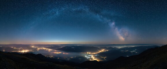 Obraz premium Night Sky Panorama Showing Stars Milky Way Above City Lights Dark Mountain Foreground