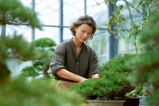 A woman takes care of small trees in her own garden. A gardener is a beautiful woman. Generative AI