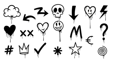 Collection of black graffiti spray paint elements. Urban street art icons with dripping effect including skull, heart, and arrows