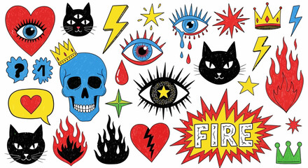 Eclectic collection of hand-drawn doodle patch stickers with punk rock symbols like skulls, black cats, and fire