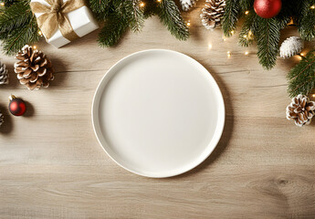 Top-view photo of an empty dish and cutlery on a light wood surface, with pine tree branches. Christmas concept.