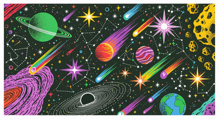 A vibrant and colorful illustration of the cosmos, depicting a fantastical journey through deep space with planets, stars, and shooting comets © Hussnain