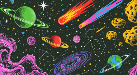 A fantastical journey through a vibrant cosmos filled with colorful planets, streaming comets, and swirling galaxies in a starry universe