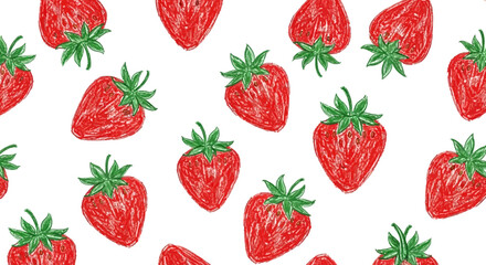 A charming seamless pattern of hand-drawn red strawberries. This simple and cute fruit illustration with a sketchy texture is perfect for a summer background