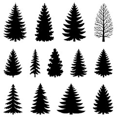 Obraz premium Collection of Pine and Evergreen Tree Silhouettes – Black and White Icons