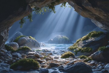 Light passes through the rock. Ray over the stones and lake. Generative AI