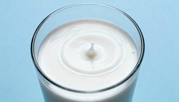 Close-up of creamy white milk splash in a transparent glass on blue background