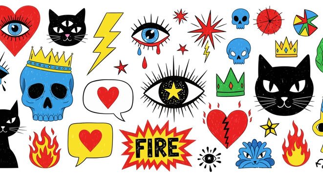 A vibrant collection of trendy hand-drawn doodle icons in a tattoo flash style, featuring pop art skulls, cats, and eyes
