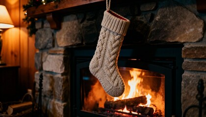 Cozy knitted Christmas stocking hanging on stone fireplace with fire burning inside