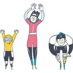 スピードスケートのフォームをとる家族　氷上でポーズを決める親子アスリート
