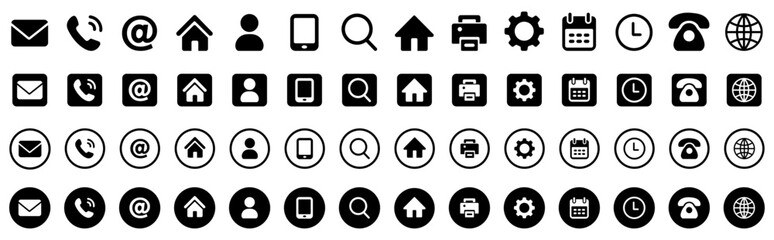 Contact vector icon set on white background. Contact us icon set for web and business card. Business card contact details icon collection. Flat contact icons for online support and info. vector, icons