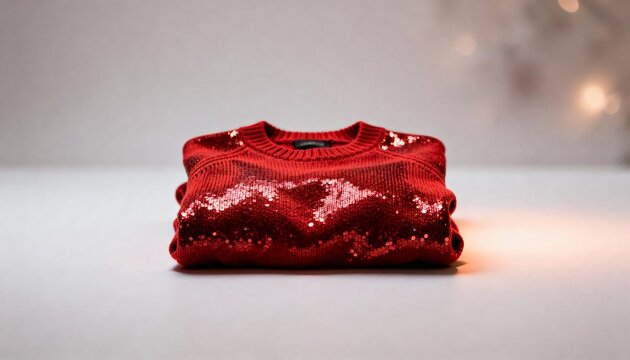 Folded red sequin sweater with shiny surface on gray background